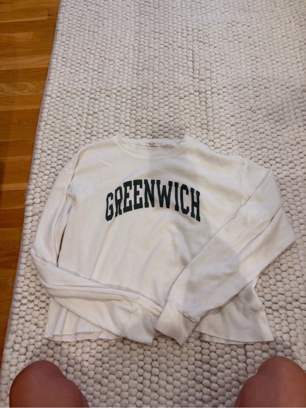 Brandy Melville White Long Sleeve 'GREENWICH' Logo Top